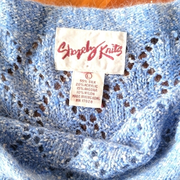 SHAPELY KNITS Vintage 80s Silk Angora Open Knit Sweater Sky Blue Coquette sz L - Picture 7 of 7